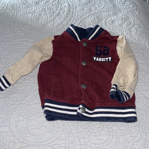 9-12 months Varsity jacket snap front maroon, tan, navy. 52 Varsity Front pocket - Picture 2 of 7